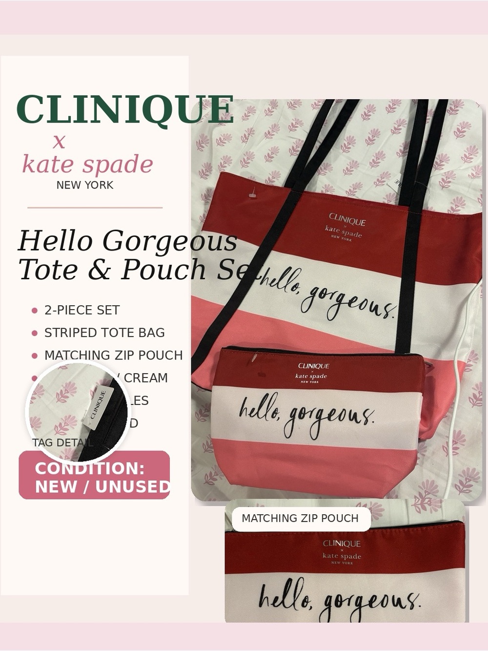 kate spade Clinique Hello Gorgeous Striped Tote & Pouch - Pink, White, Red